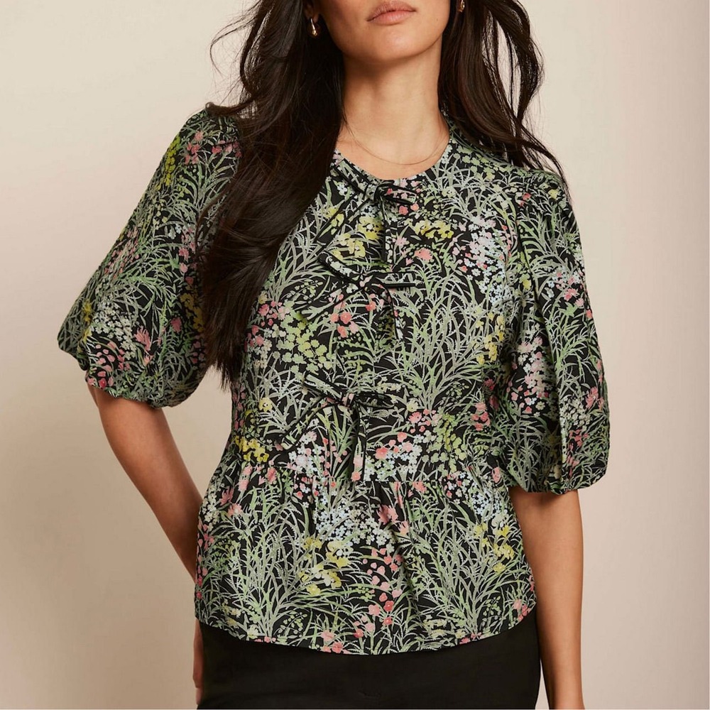 Mint Velvet Floral Tie Front Puff Sleeve Peplum Blouse Black Green XS